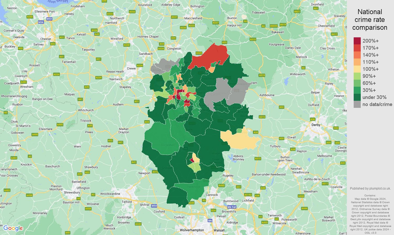 Stoke on Trent shoplifting crime rate comparison map