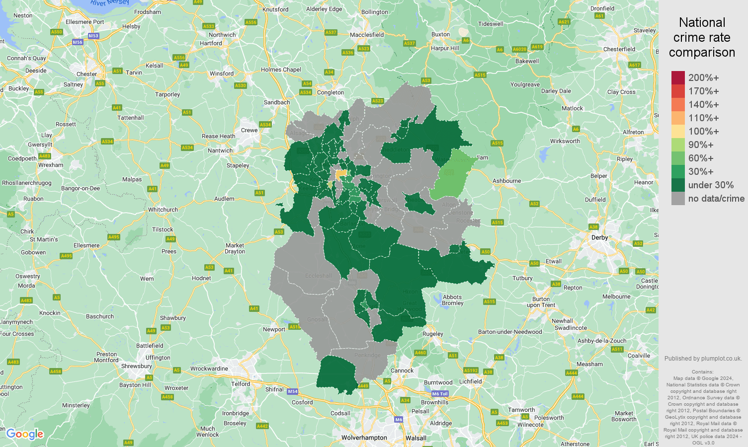 Stoke on Trent theft from the person crime rate comparison map