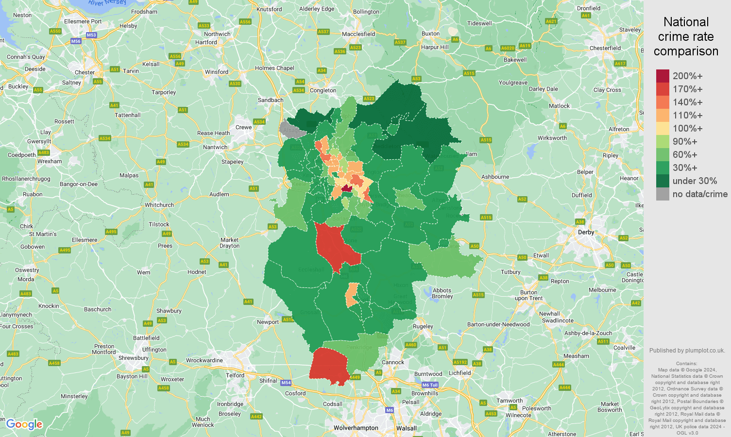 Stoke on Trent vehicle crime rate comparison map