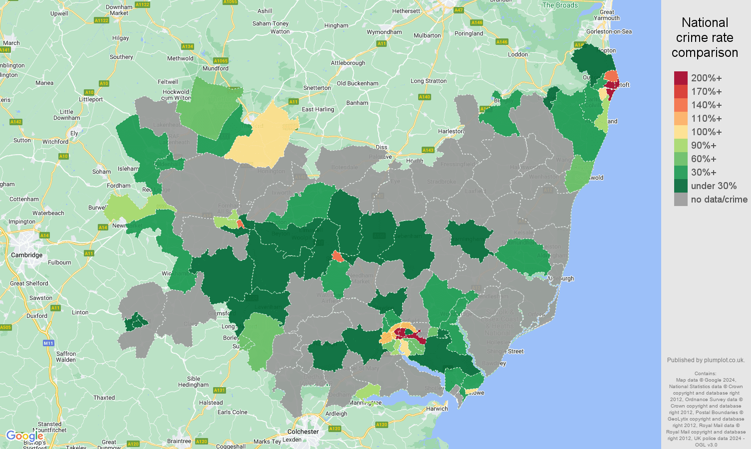 Suffolk bicycle theft crime rate comparison map