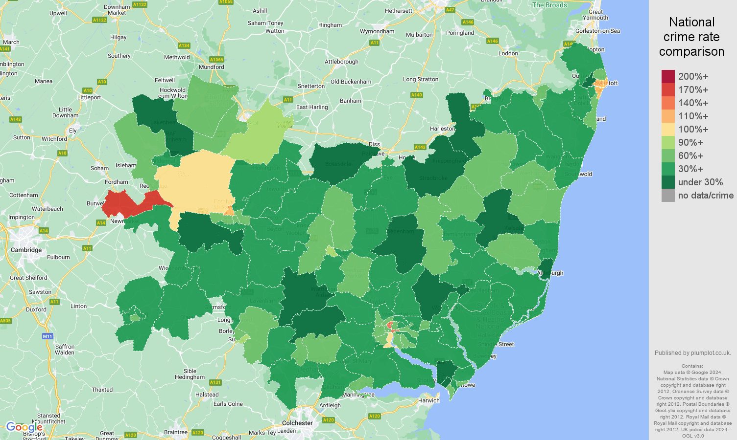 Suffolk other theft crime rate comparison map