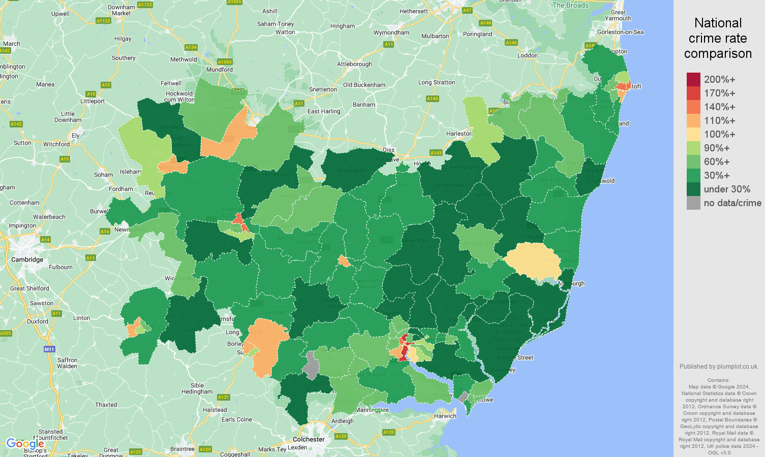Suffolk public order crime rate comparison map