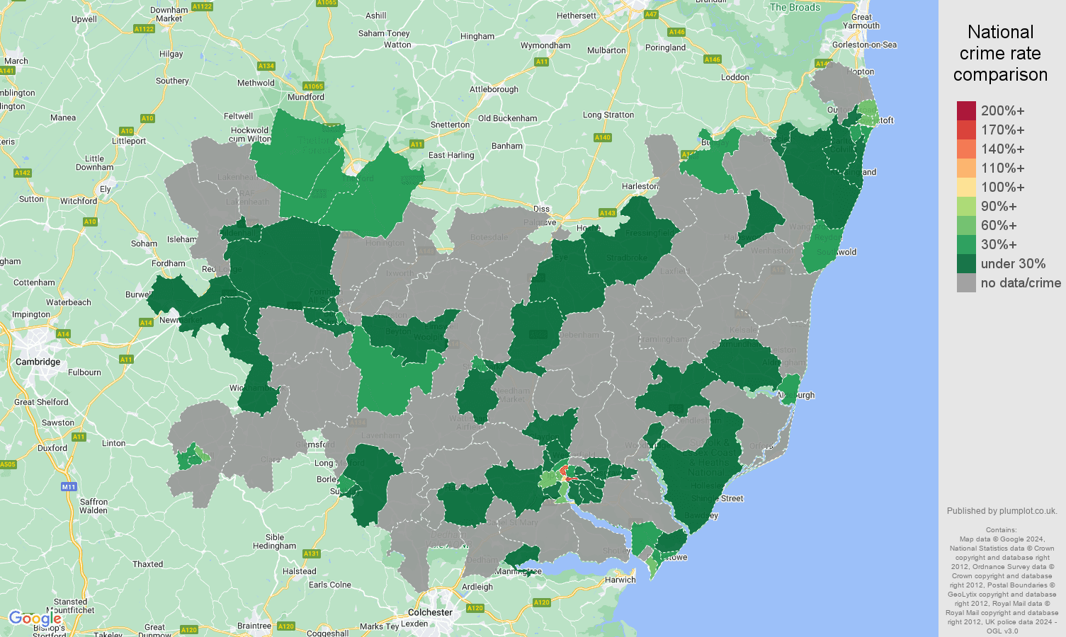 Suffolk robbery crime rate comparison map