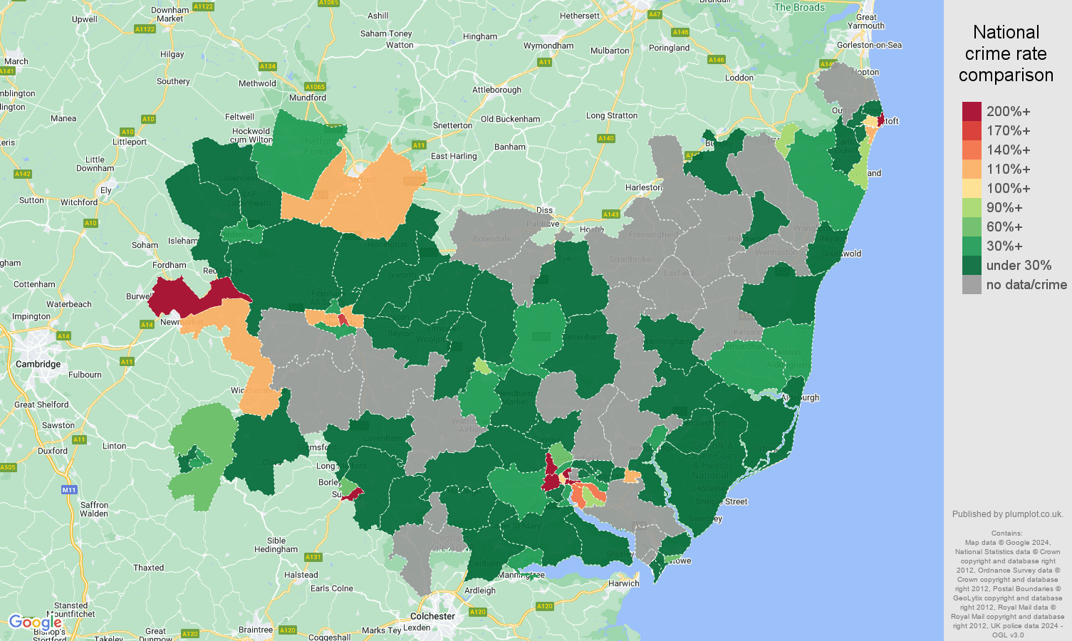 Suffolk shoplifting crime rate comparison map
