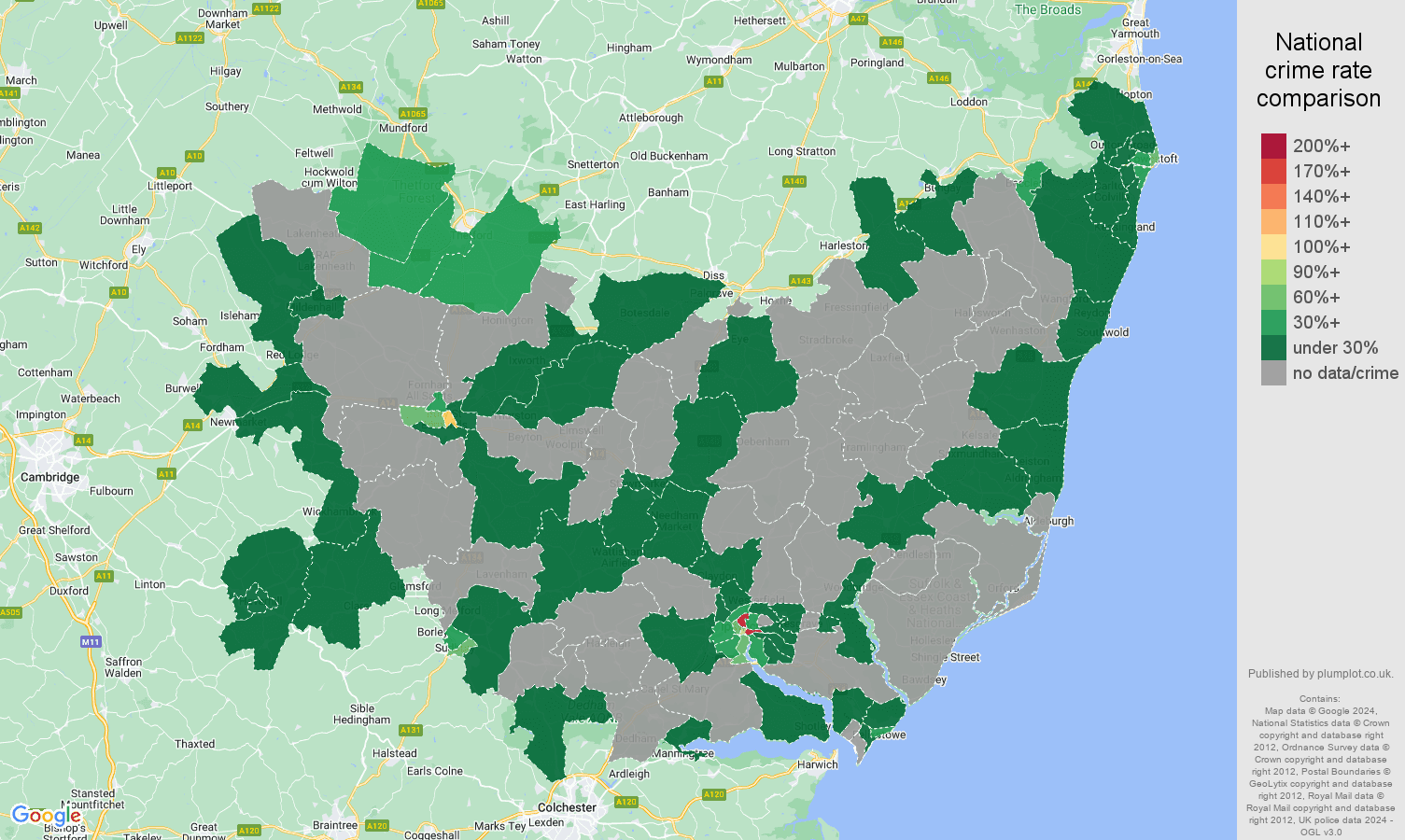 Suffolk theft from the person crime rate comparison map