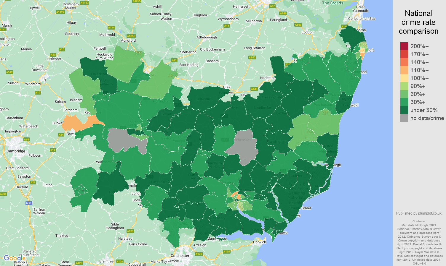 Suffolk vehicle crime rate comparison map
