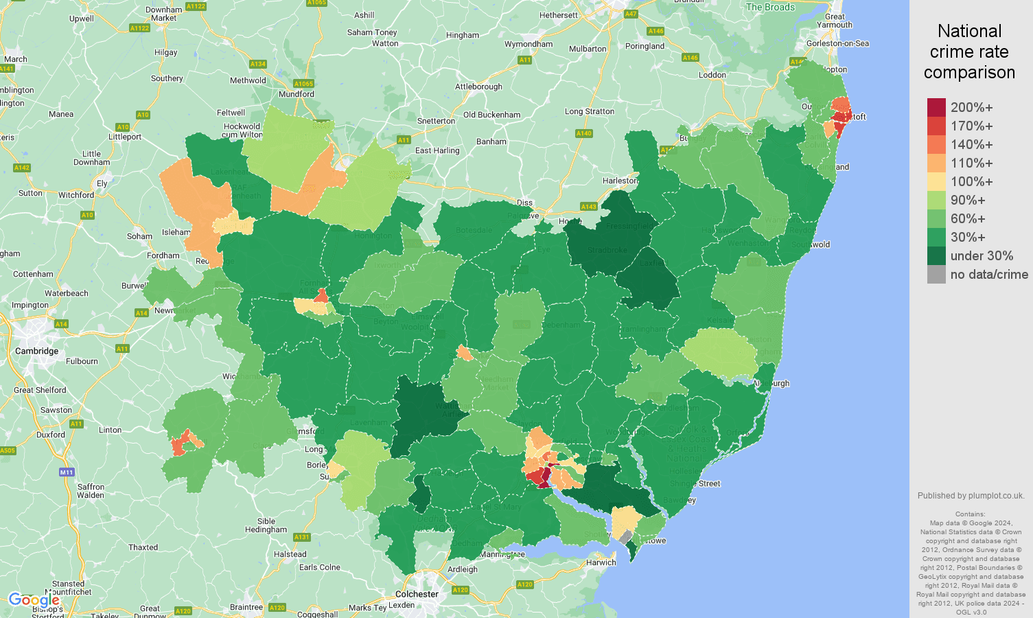 Suffolk violent crime rate comparison map