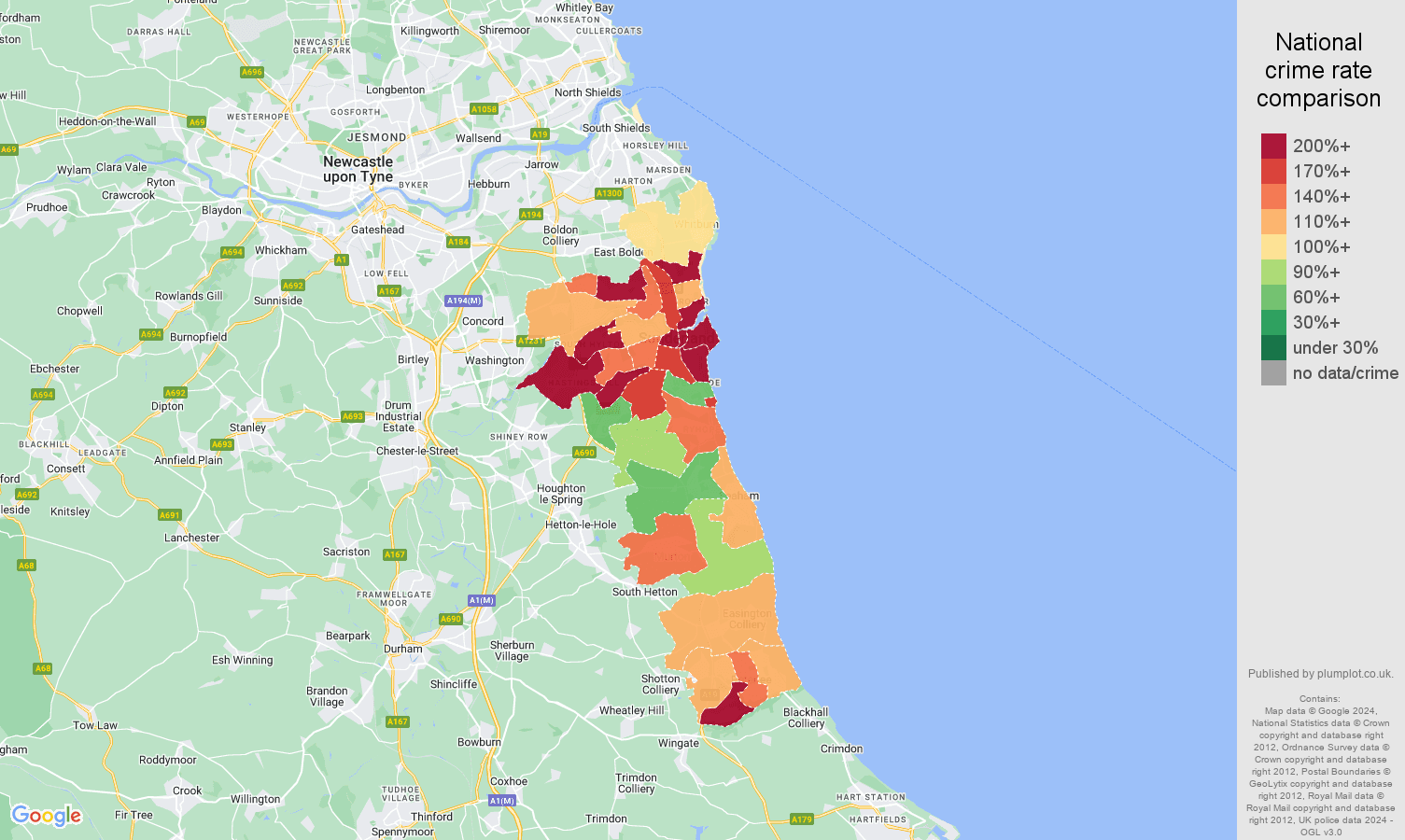 Sunderland antisocial behaviour crime rate comparison map