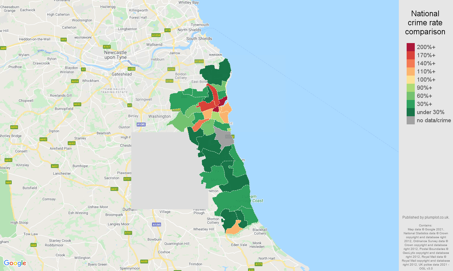 Sunderland bicycle theft crime rate comparison map