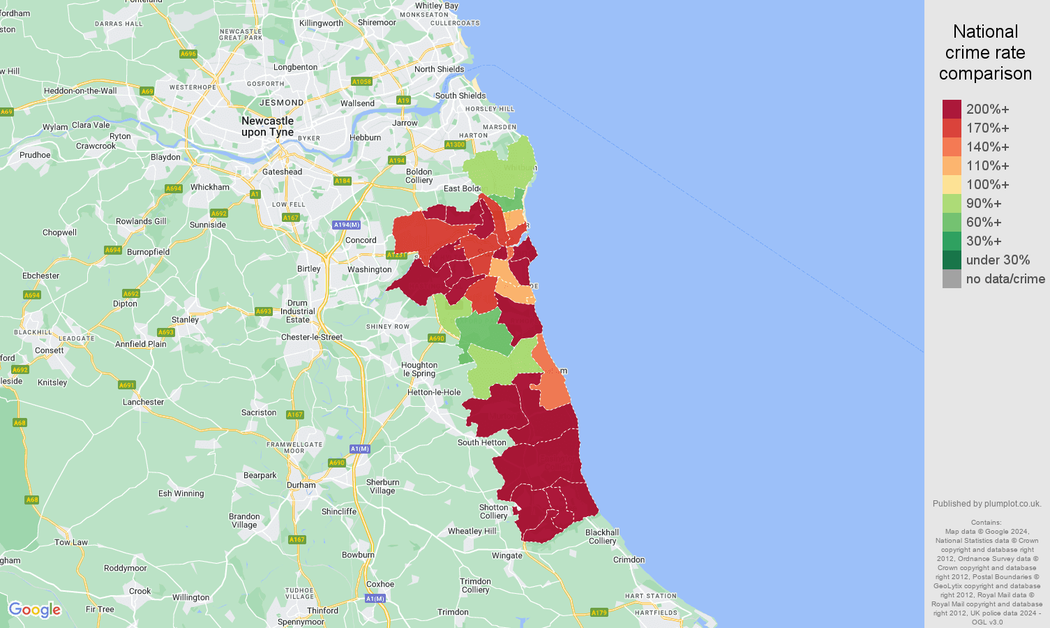 Sunderland criminal damage and arson crime rate comparison map
