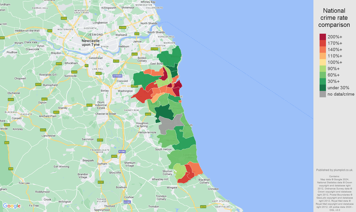 Sunderland possession of weapons crime rate comparison map