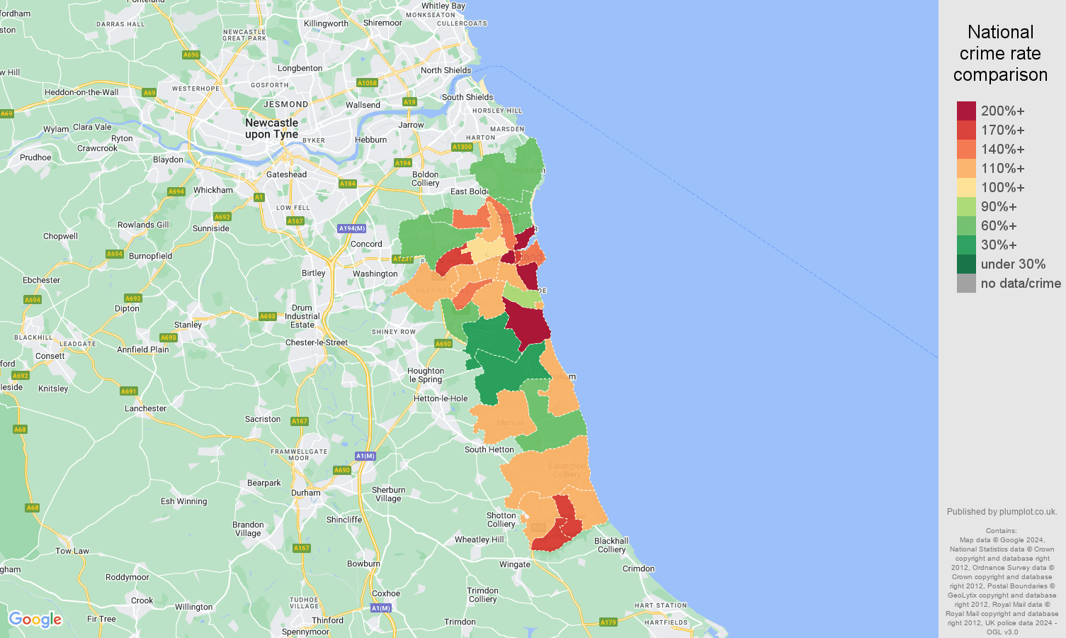 Sunderland public order crime rate comparison map