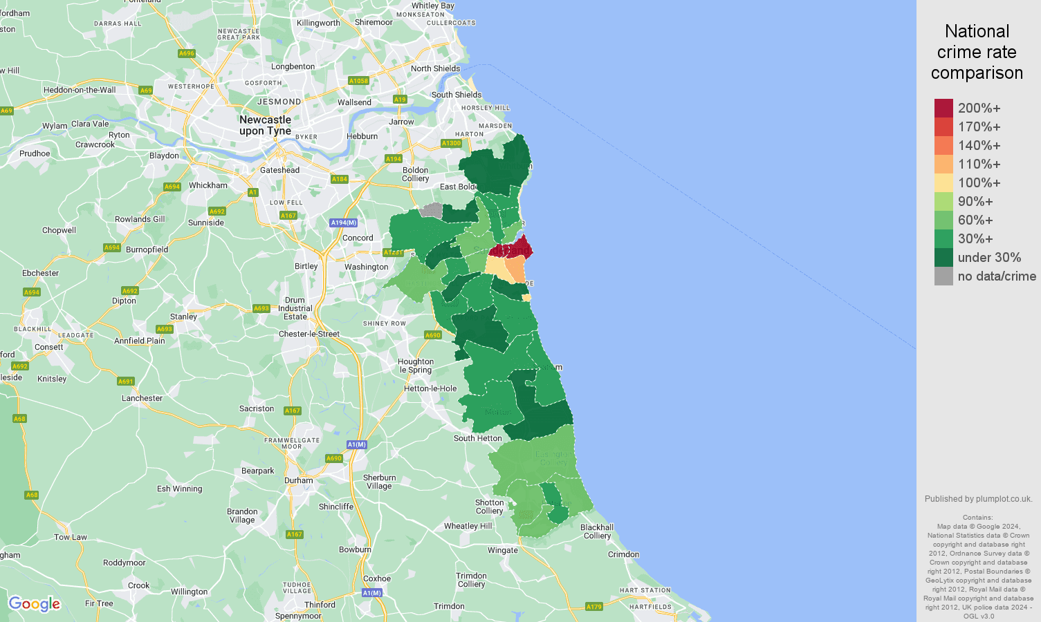 Sunderland robbery crime rate comparison map