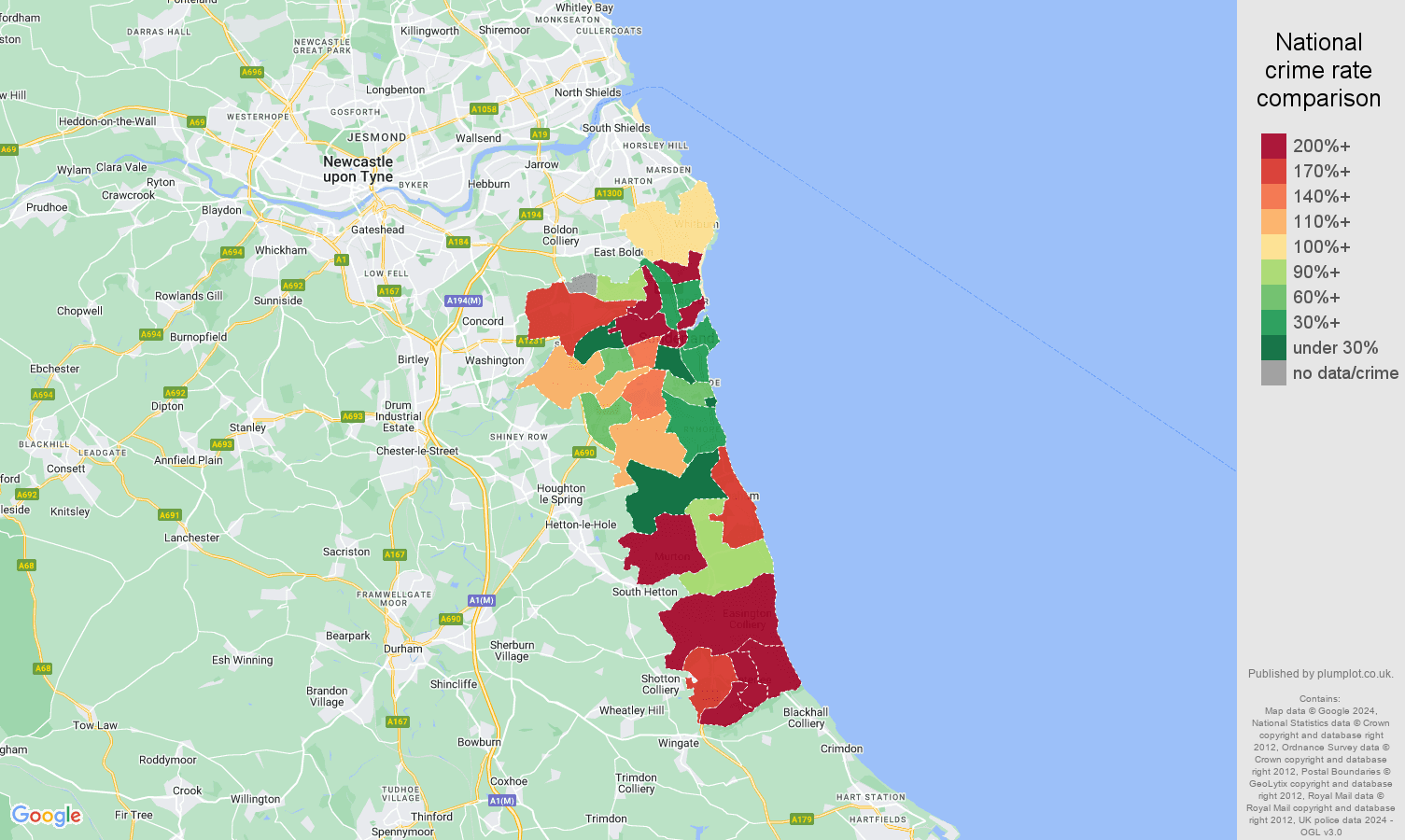 Sunderland shoplifting crime rate comparison map