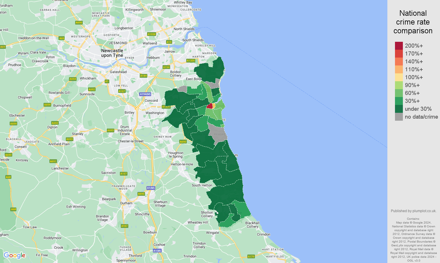 Sunderland theft from the person crime rate comparison map