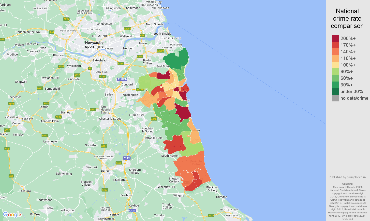 Sunderland violent crime rate comparison map