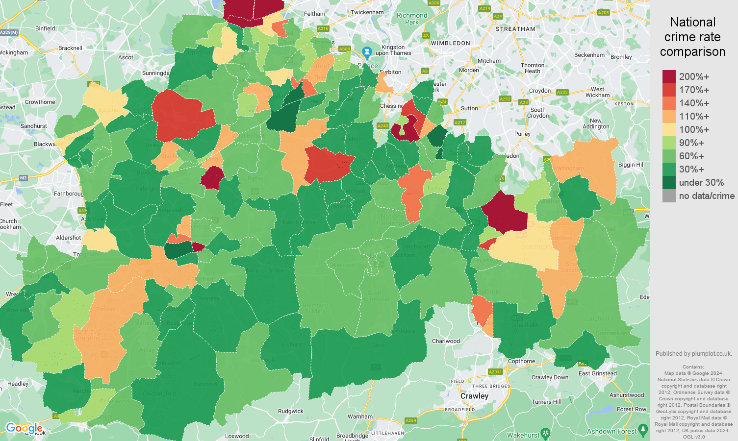 Surrey antisocial behaviour crime rate comparison map