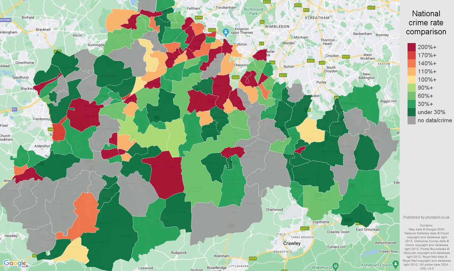 Surrey bicycle theft crime rate comparison map