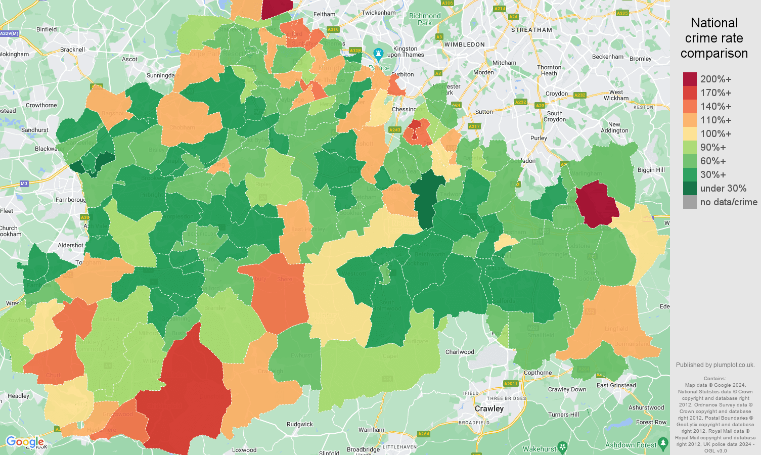 Surrey burglary crime rate comparison map