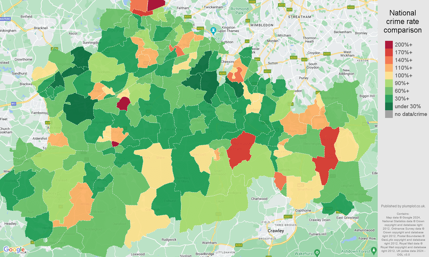 Surrey criminal damage and arson crime rate comparison map