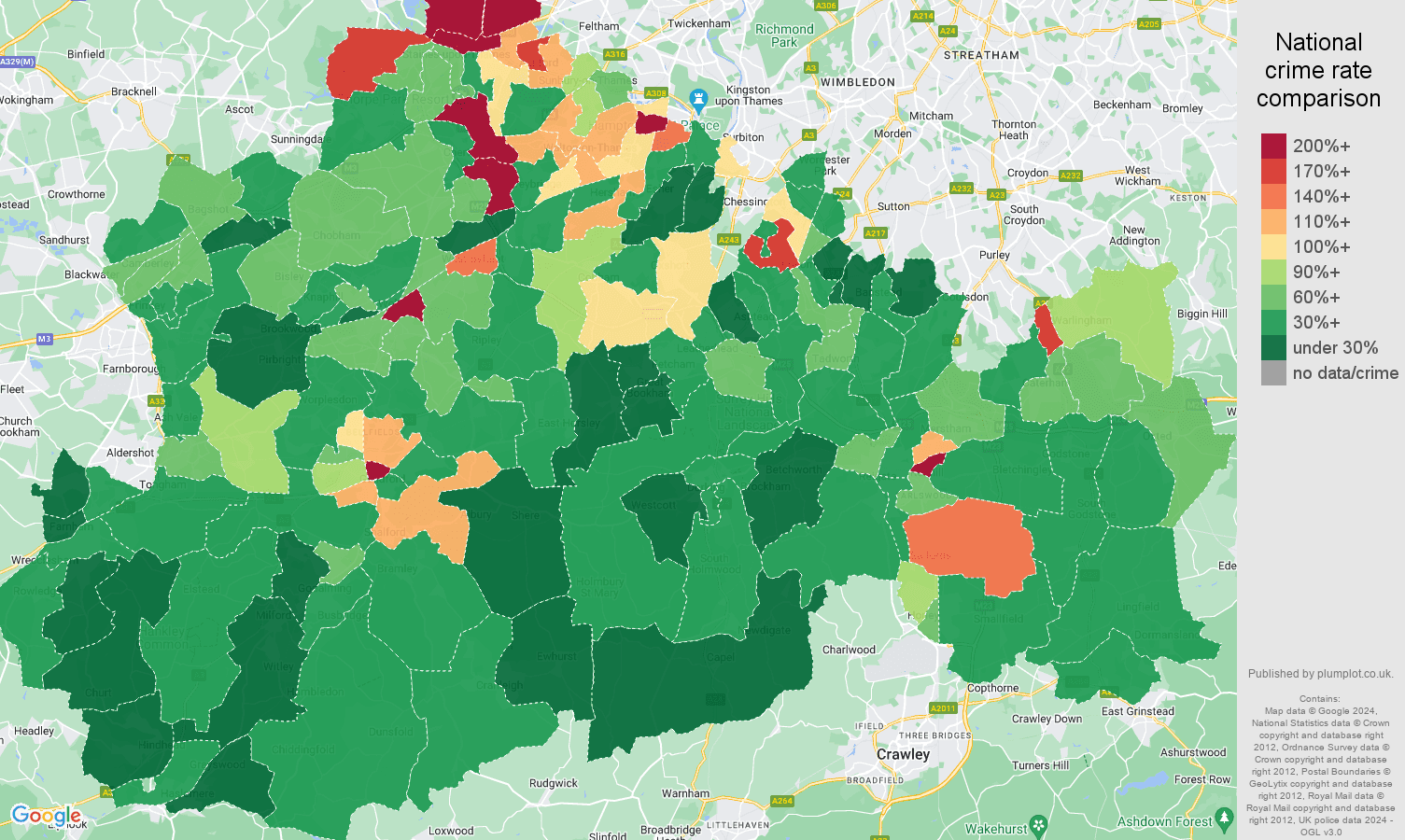 Surrey drugs crime rate comparison map