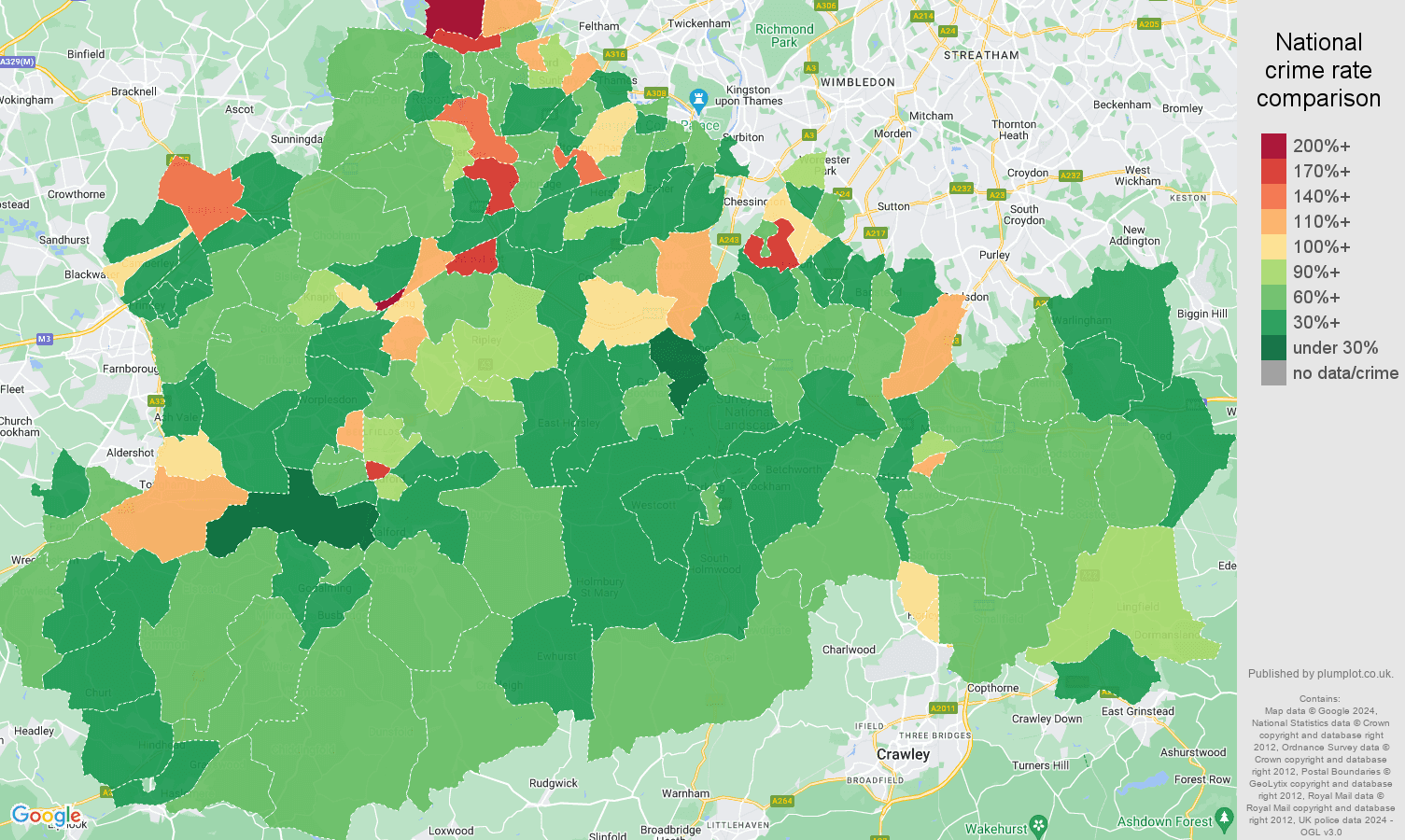 Surrey other theft crime rate comparison map