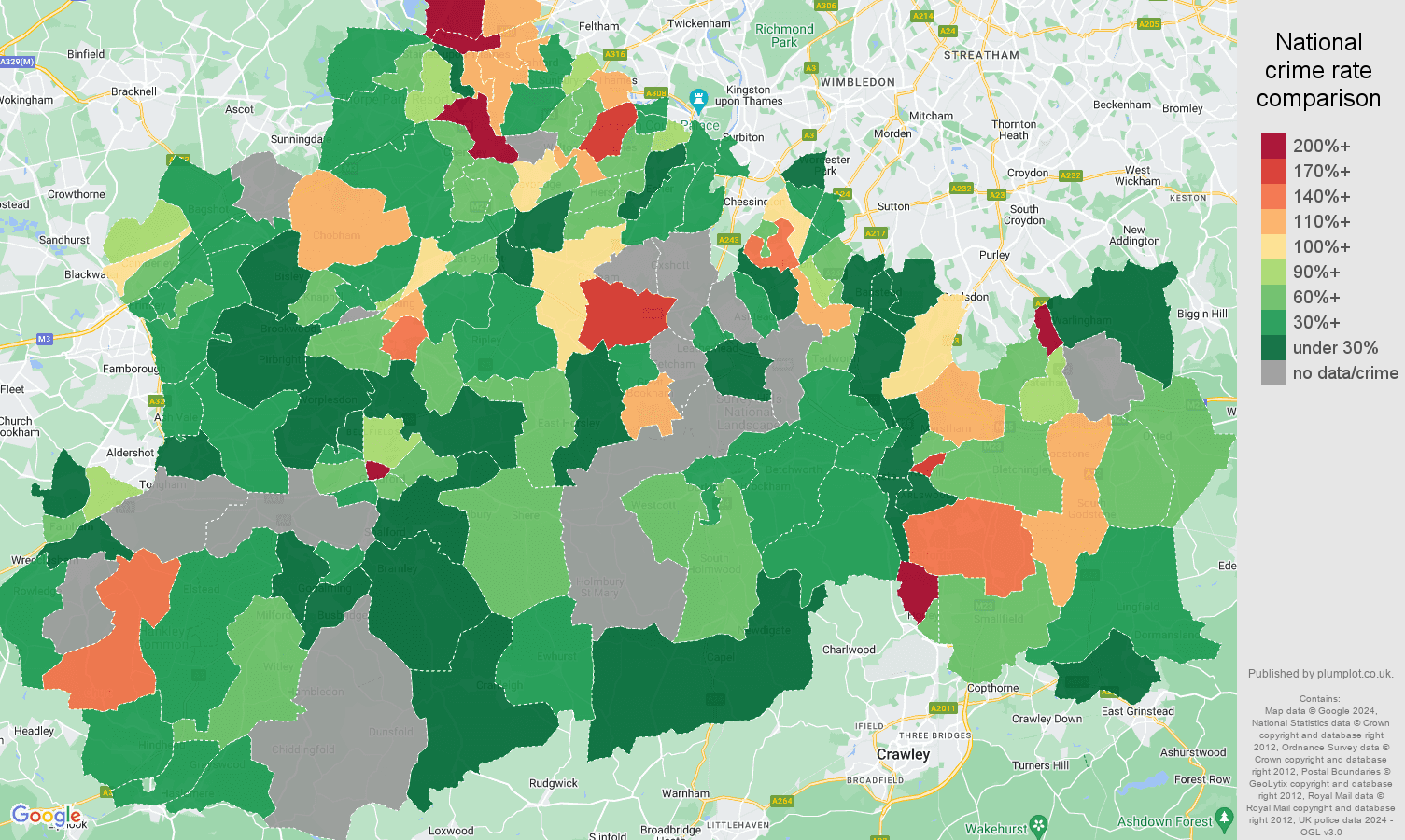 Surrey possession of weapons crime rate comparison map