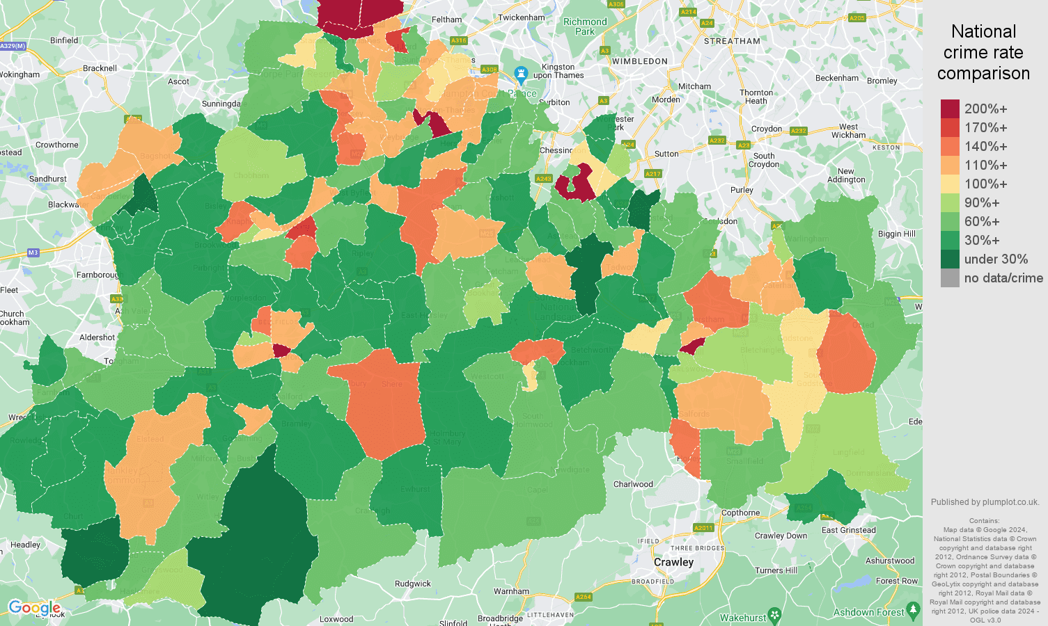 Surrey public order crime rate comparison map