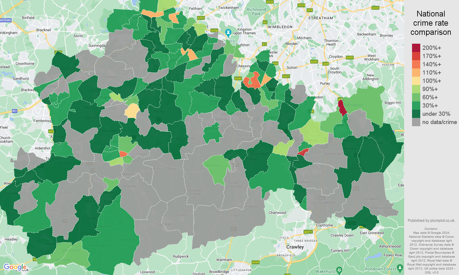 Surrey robbery crime rate comparison map