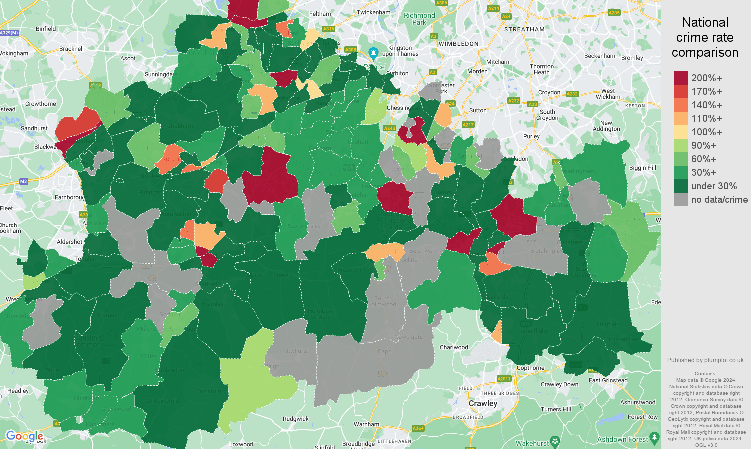 Surrey shoplifting crime rate comparison map