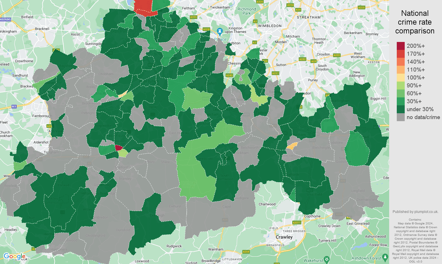 Surrey theft from the person crime rate comparison map