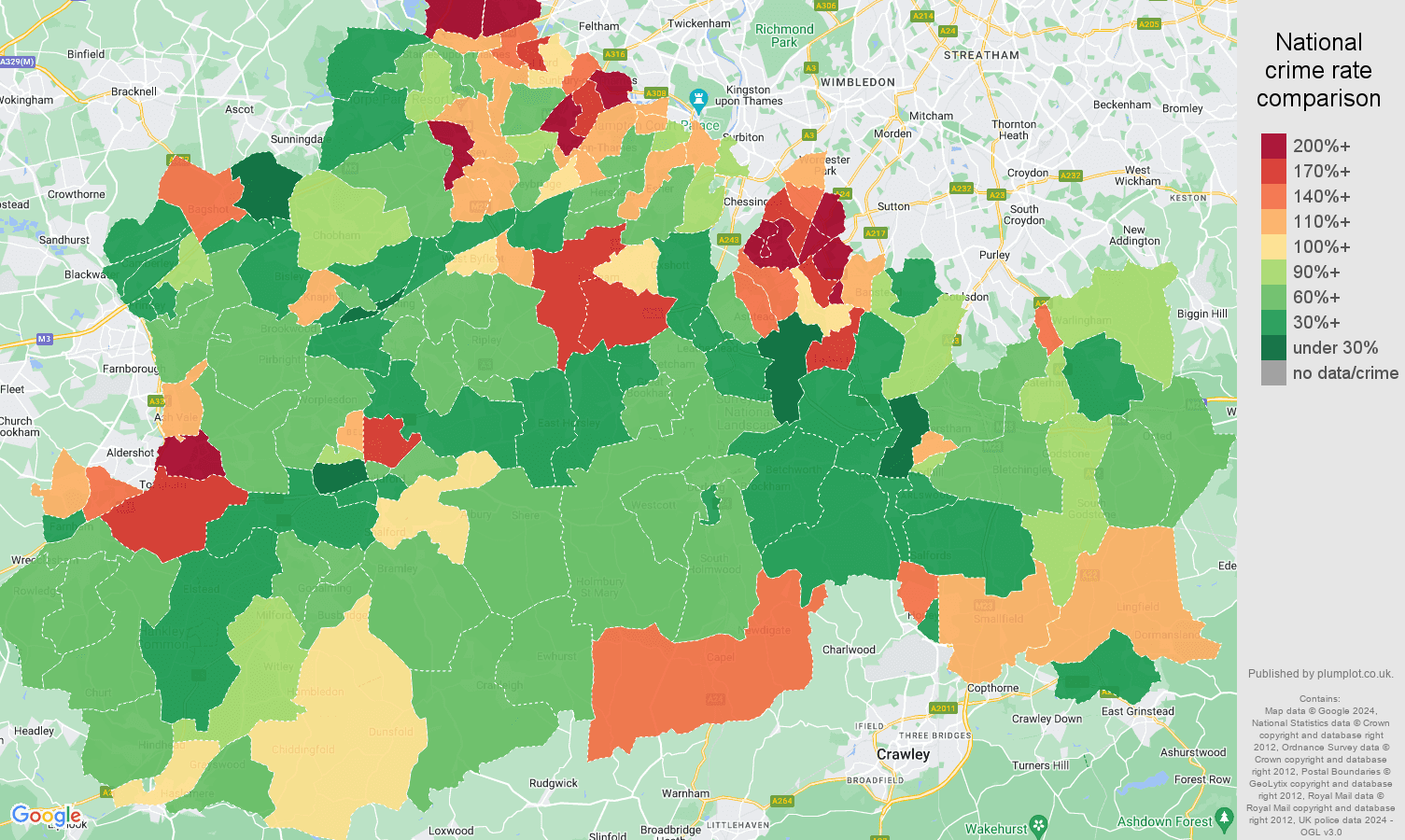 Surrey vehicle crime rate comparison map