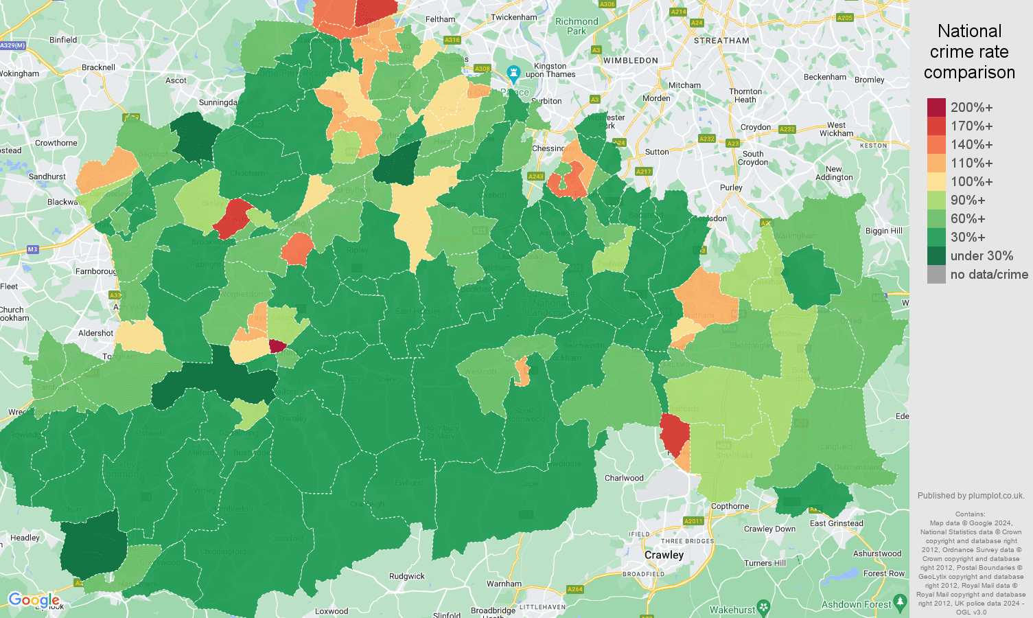 Surrey violent crime rate comparison map