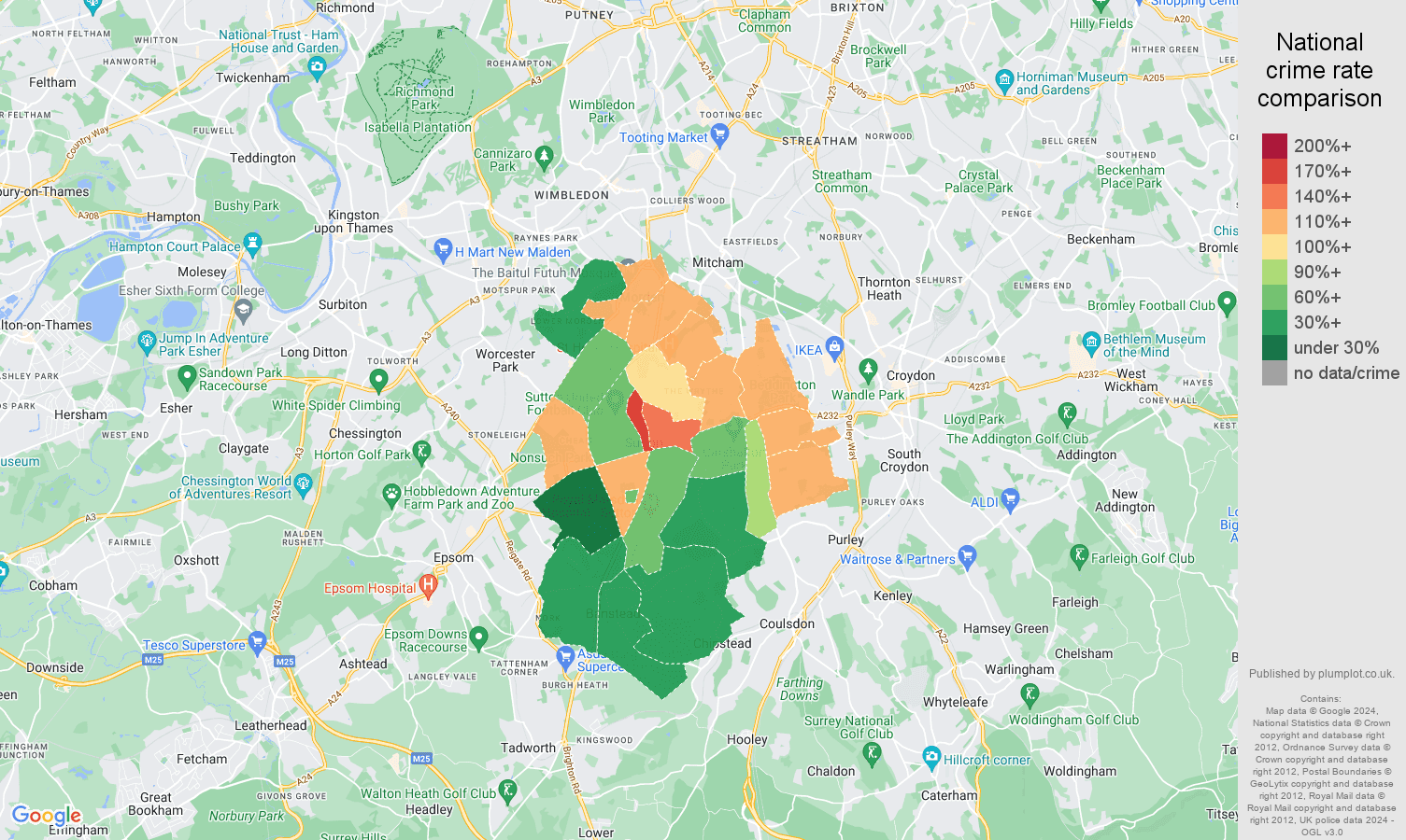 Sutton antisocial behaviour crime rate comparison map