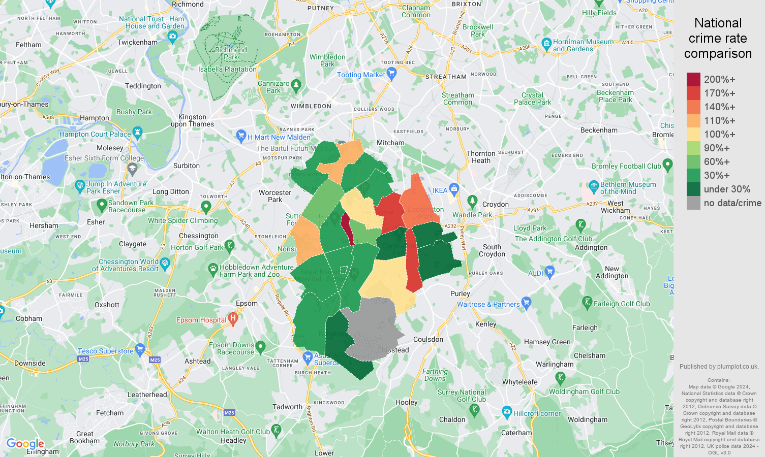 Sutton bicycle theft crime rate comparison map