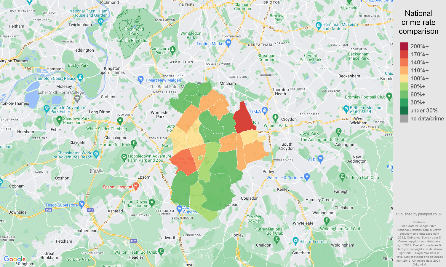 Sutton burglary crime rate comparison map