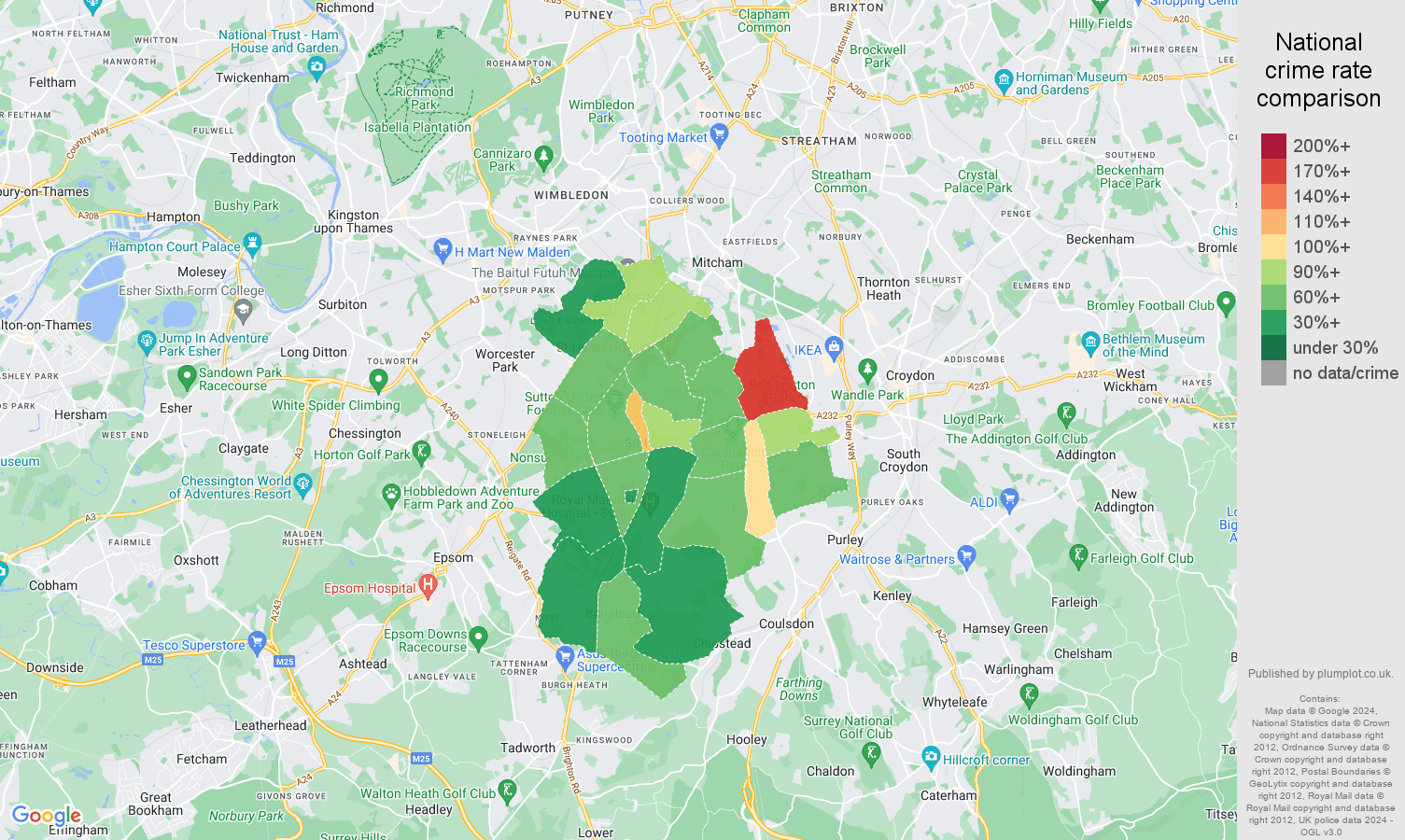 Sutton criminal damage and arson crime rate comparison map