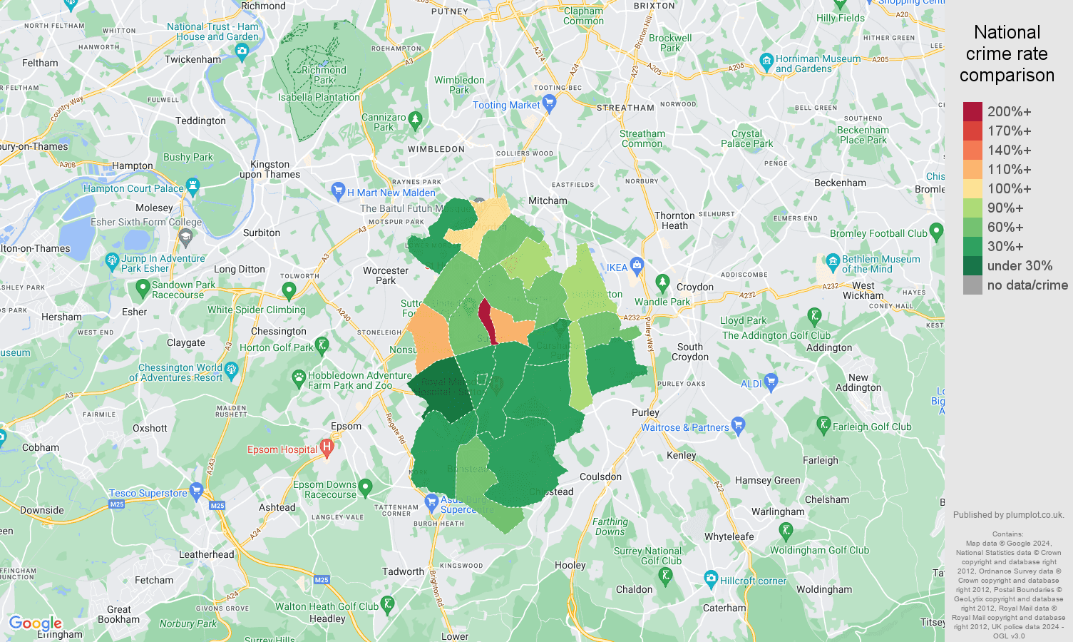 Sutton other theft crime rate comparison map