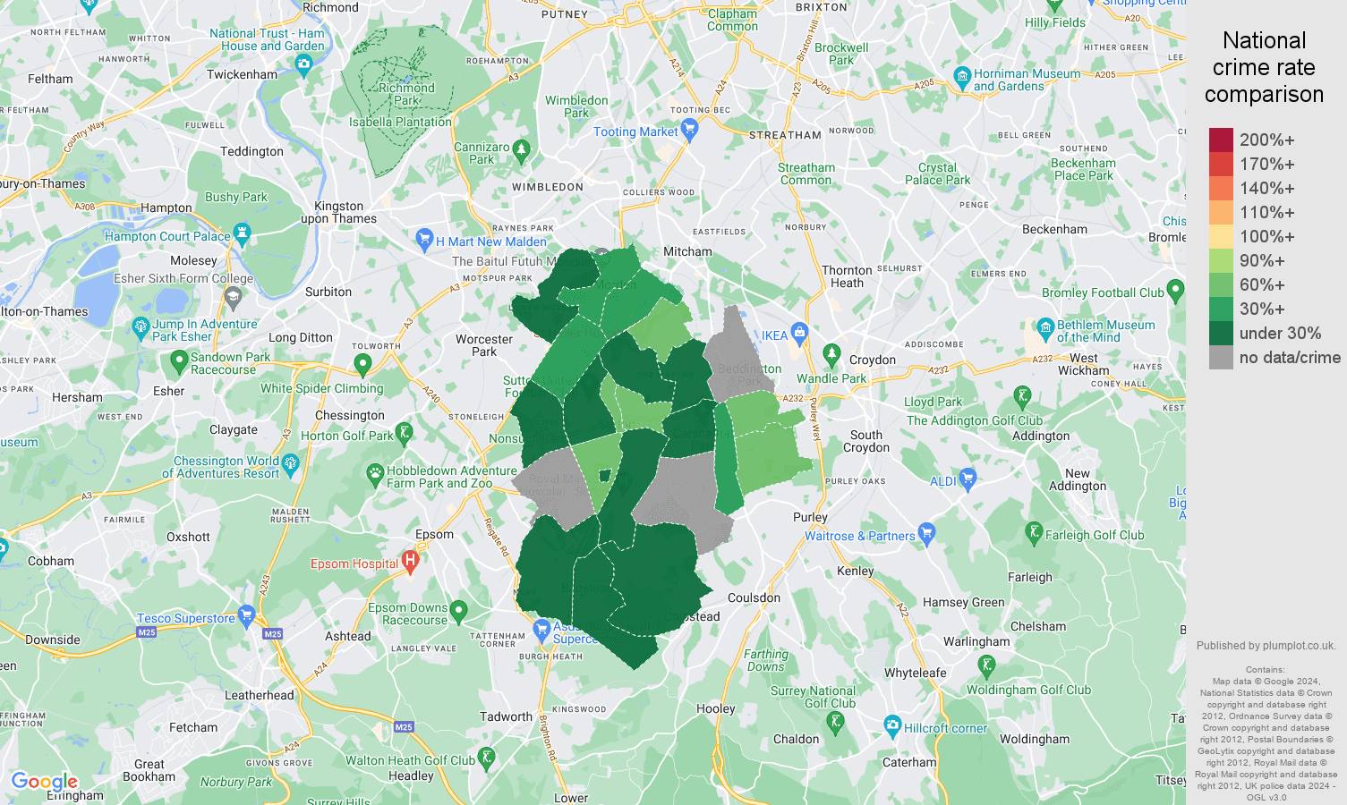 Sutton possession of weapons crime rate comparison map