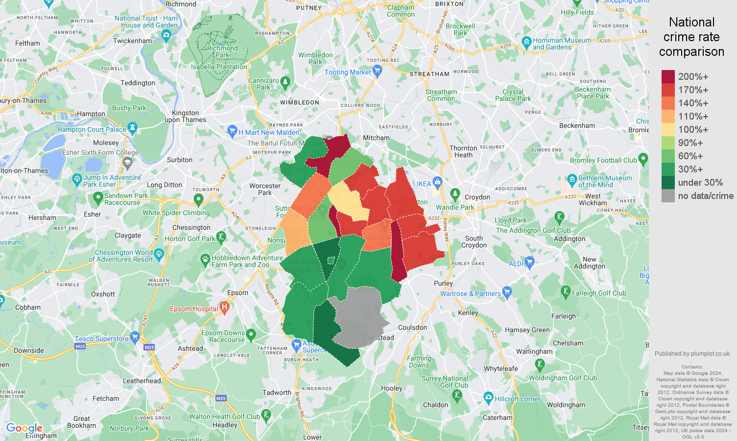 Sutton robbery crime rate comparison map