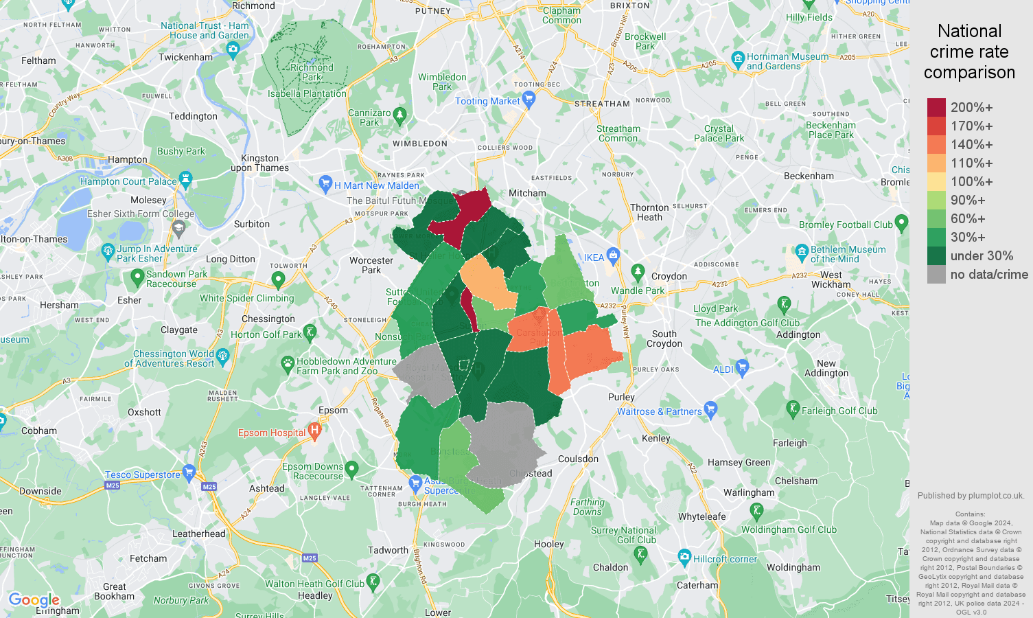 Sutton shoplifting crime rate comparison map