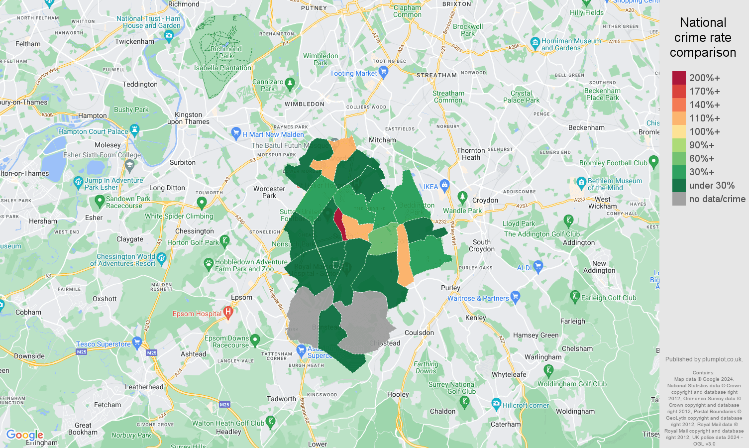 Sutton theft from the person crime rate comparison map