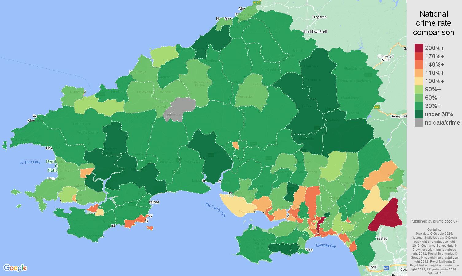 Swansea criminal damage and arson crime rate comparison map