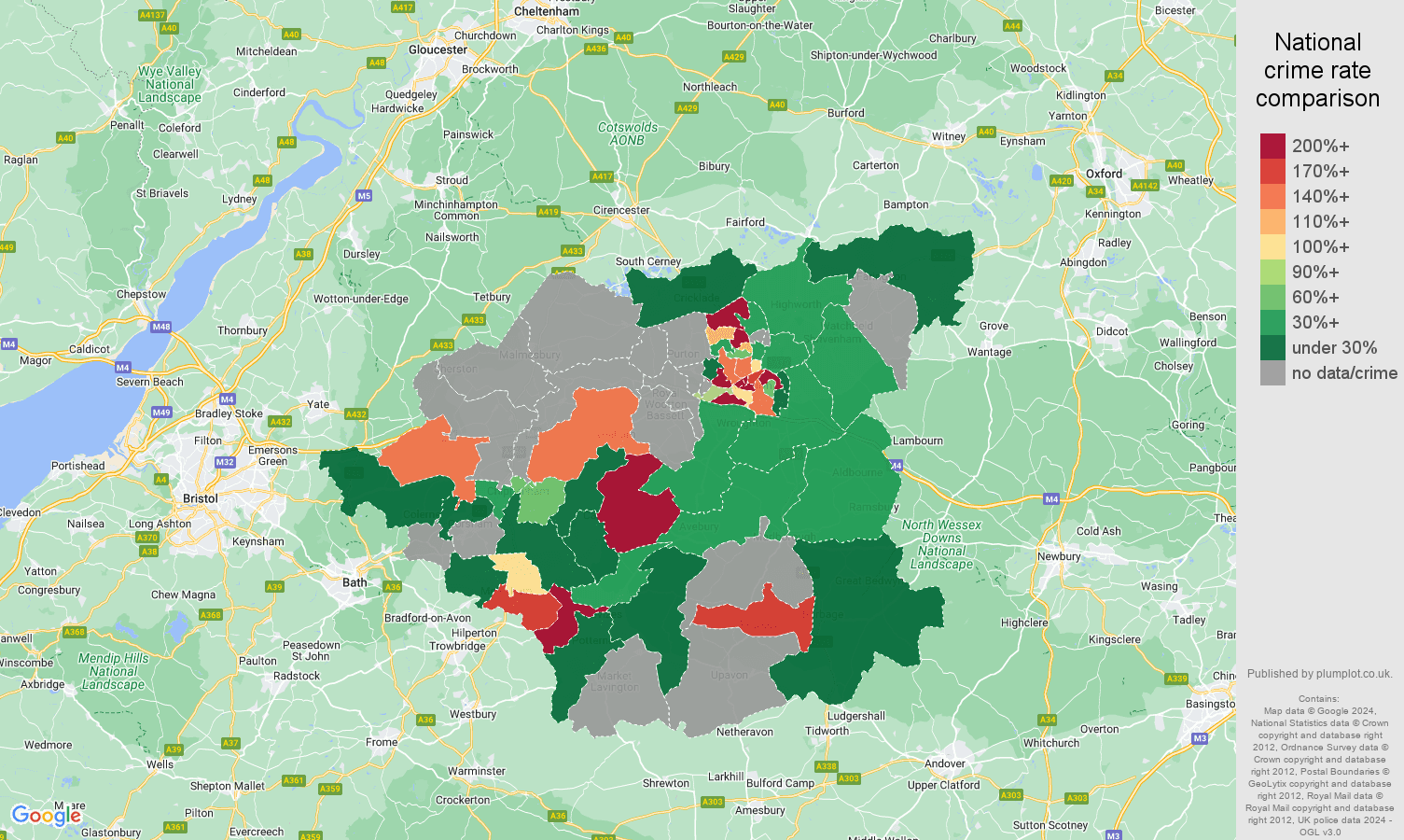 Swindon bicycle theft crime rate comparison map