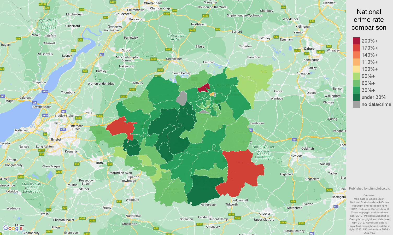 Swindon burglary crime rate comparison map