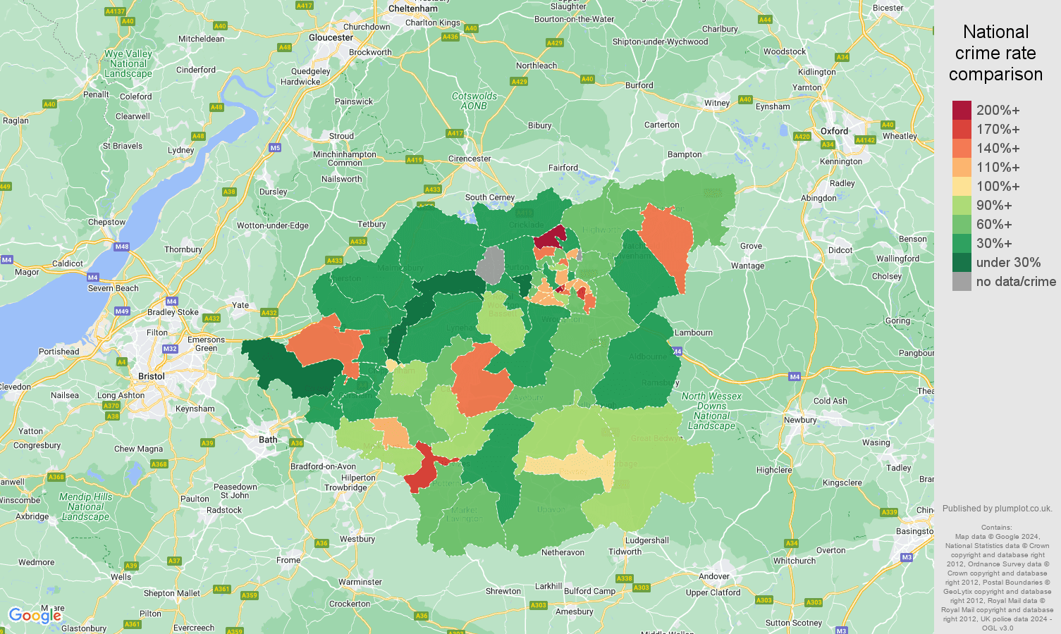 Swindon criminal damage and arson crime rate comparison map