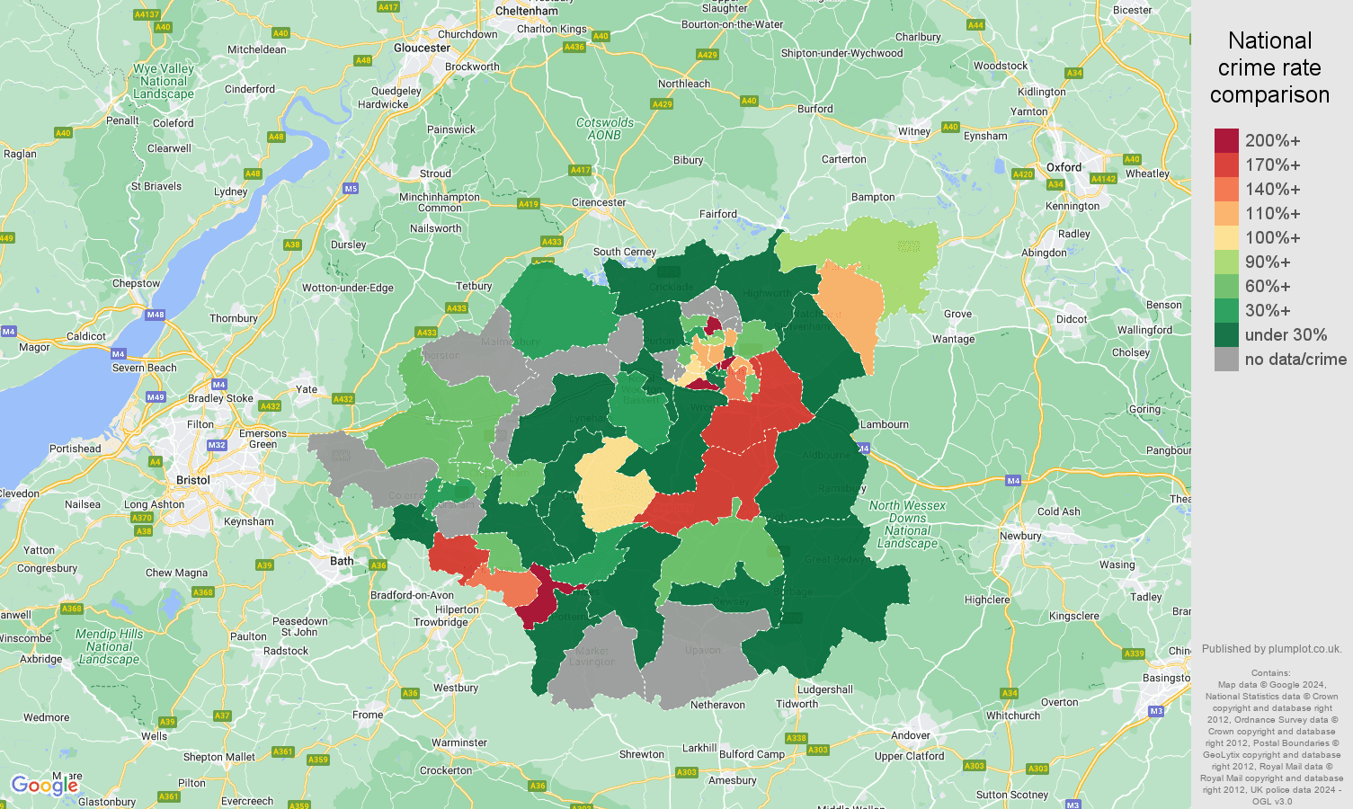 Swindon shoplifting crime rate comparison map