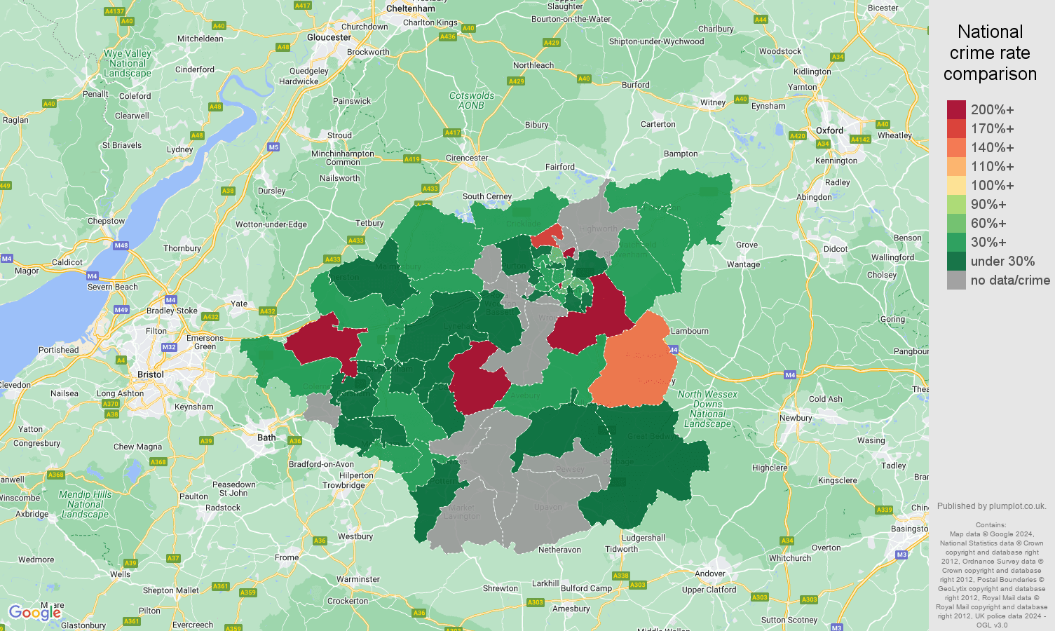 Swindon theft from the person crime rate comparison map