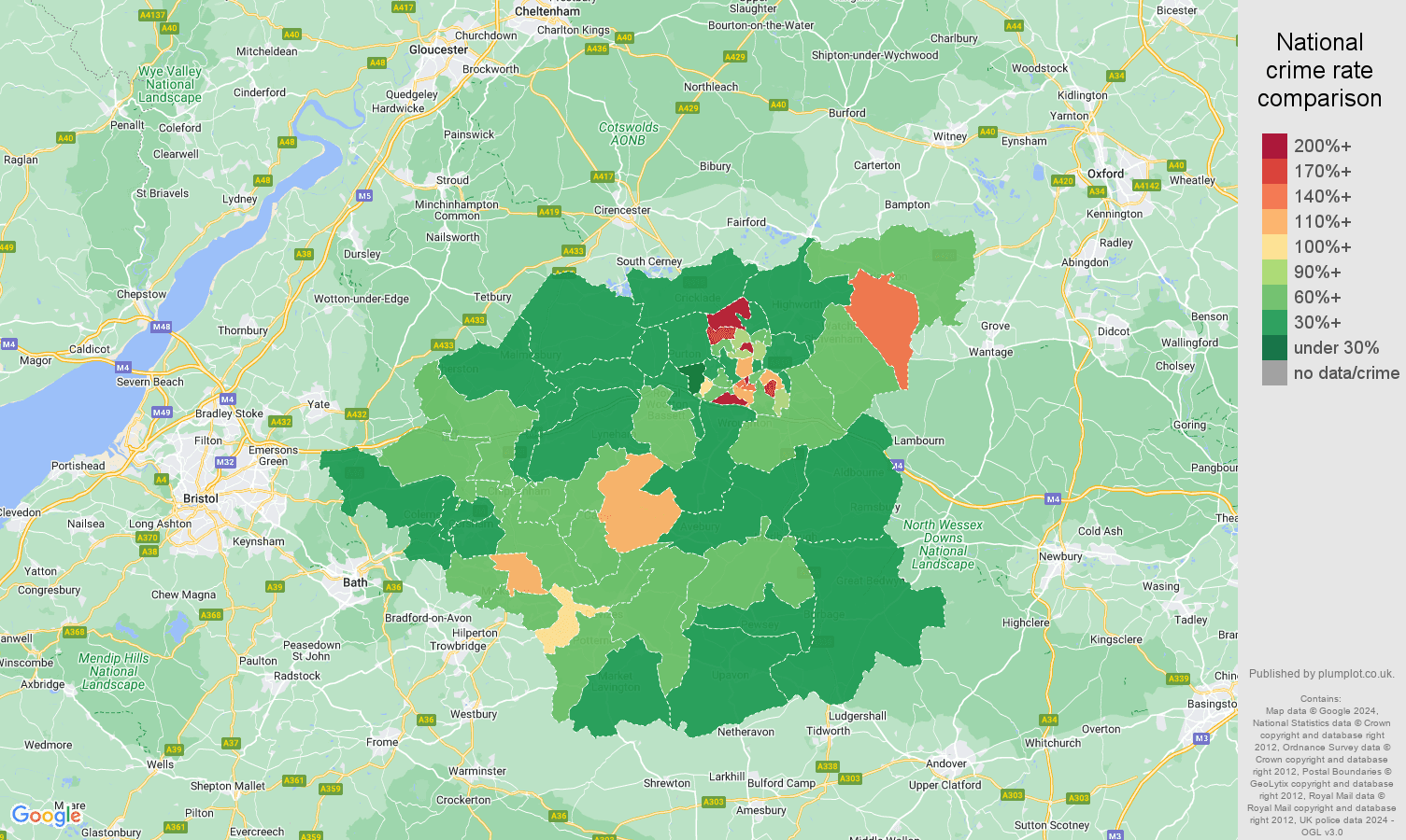 Swindon violent crime rate comparison map
