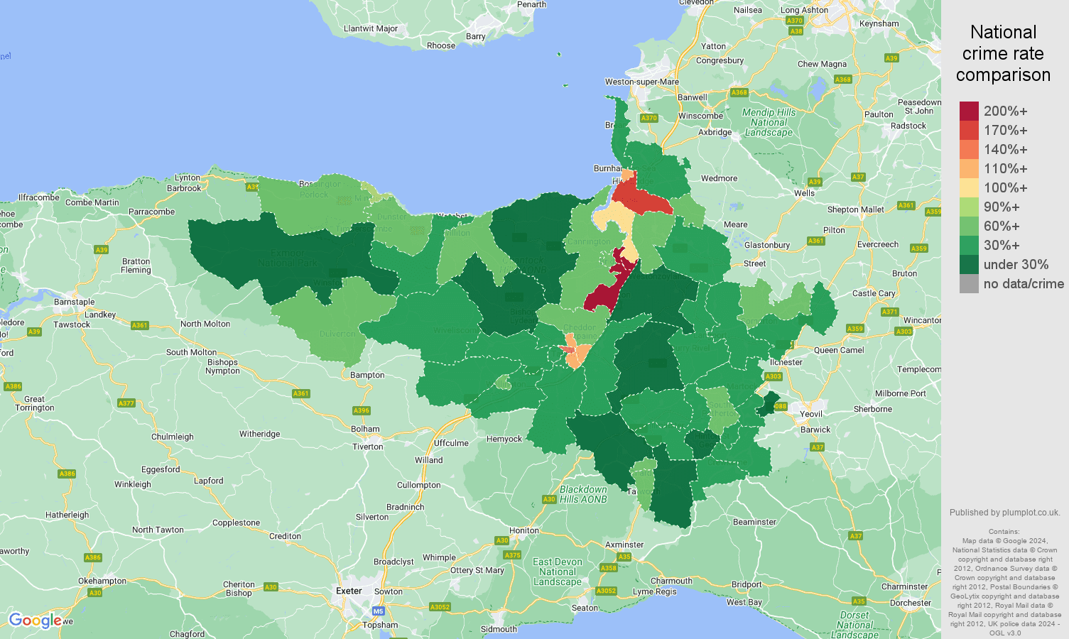Taunton antisocial behaviour crime rate comparison map